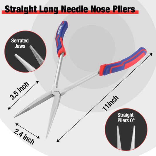 WORKPRO 11-Inch Long Reach Needle Nose Pliers – Straight & Bent Tip Set for Precision Gripping in Confined Spaces